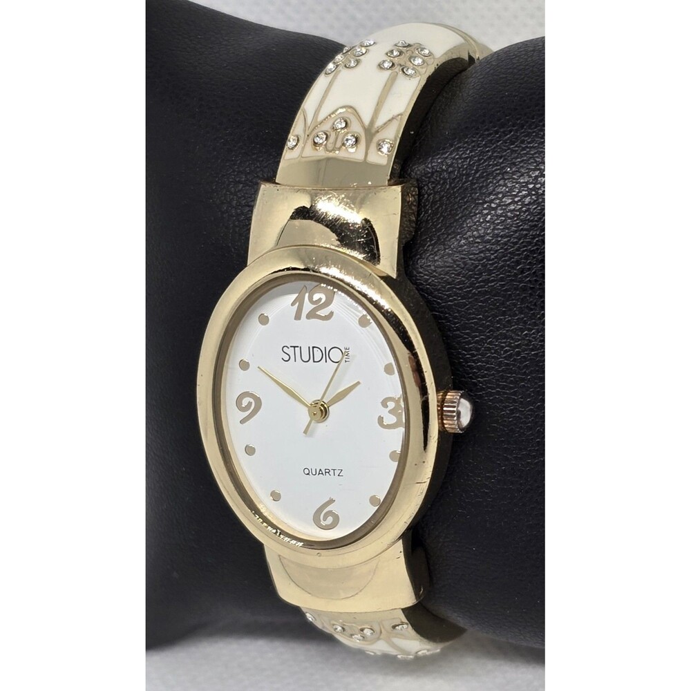 Women's Studio Time Fancy Oval Gold Tone Enamel Open Cuff Bracelet Watch 13 - Picture 2 of 9